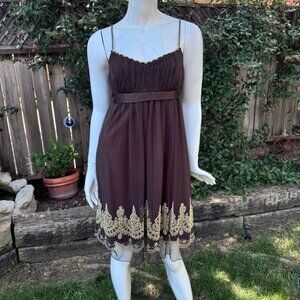 Just Choon Brown Baby Doll Dress Gold Sparkle Satin Tie Women's Size Small